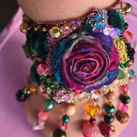 Gypsy Hand Embroidered Bracelet | Boho Tie-dye -Style Textile Cuff | Whimsical - Picture 6 of 11